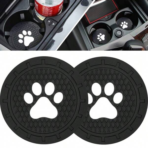 Posavasos de coche con diseño de huellas de pata de mascota en contraste negro y blanco con forma redonda, diseño antideslizante y protector para el portavasos del coche, fácil de limpiar, ideales para decoración del coche, uso diario y viajes de vacaciones de primavera a invierno