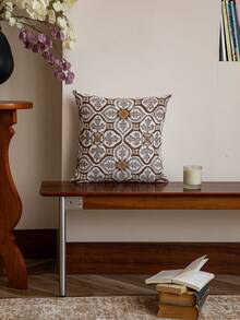 1pc Chenille Jacquard Blue Decorative Pillow Cover, Style Geometric Floral Pattern, Without Insert - Coffee Brown - View 4