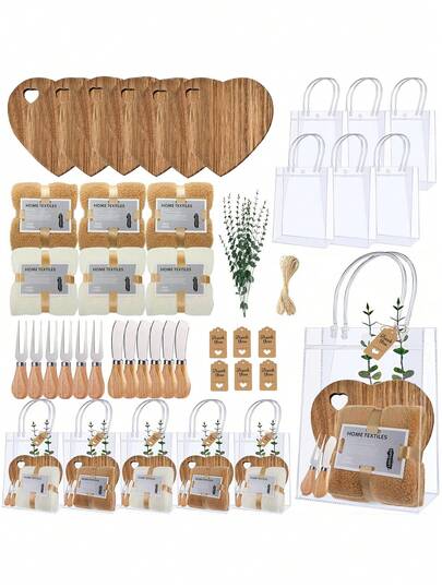 48Pcs/6 Sets Baby Shower Game Prizes For Winners Baby Shower Winners Guest Gifts Bamboo Heart Shaped  Cheese Board Cheese Knives Wooden Coasters Hand Towels Thank You Tags Bags For Wedding Bridal Favors