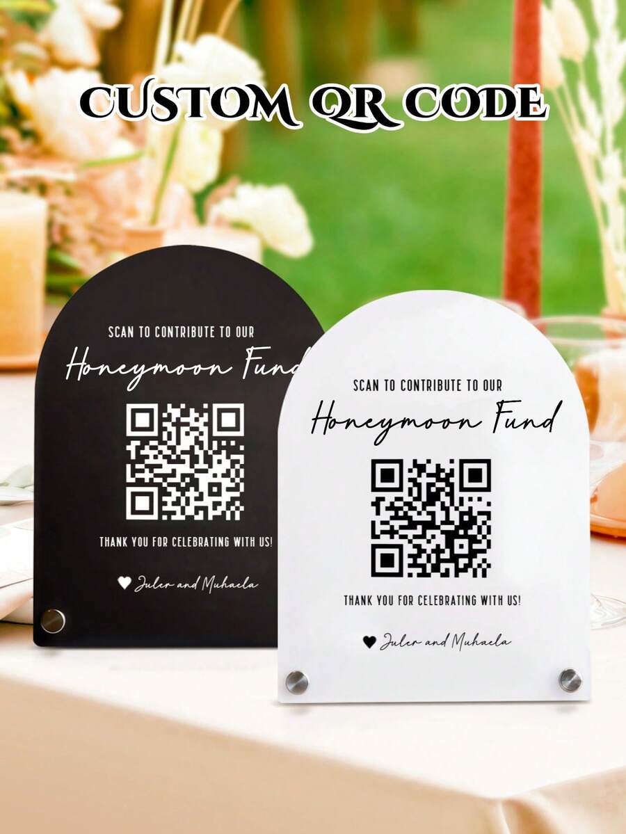 Letrero de código QR personalizado para fondo de luna de miel, letrero de boda con código QR escaneable en forma de arco, decoración de mesa de acrílico personalizada, letrero de fondo de ahorros de pareja para bodas, regalo de boda - Multicolor - Ver 1
