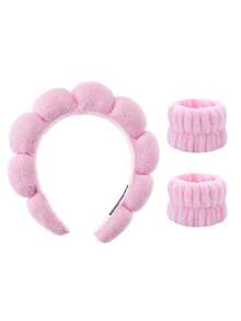 3件套水疗头带、化妆头带、洗脸头带、护肤头带、天鹅绒蓬松海绵头带、泡泡、水疗头带、腕带、女士和女孩发饰套装