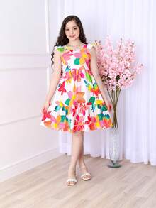 Short Printed Children's Tank Top Dress - 白色花卉 - 查看 2