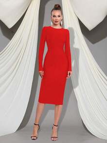 Sexy Women's Long Sleeve Large Zipper Back Bodycon Midi Dress For Vacation And Party - Merah - View 2
