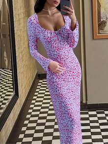 New Sexy Elegant Ditsy Floral Long Sleeve Swing Dress, Bohemian Style Vacation Dress For Women, Early Autumn