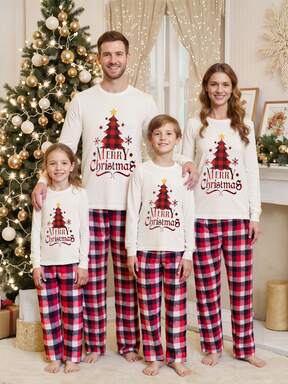 Merry Christmas Family Matching Outfits For Couples Baby Kids Christmas 2Piece Pjs Set For Holiday Xmas Party Family Gathering Baby Romper/Dog Clothes/Christmas Tree Print Tops And Plaid Pants Set