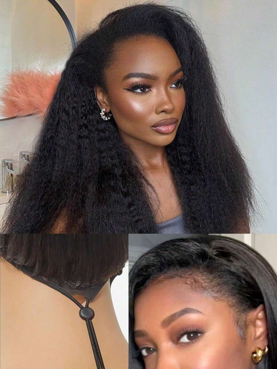 Kinky Straight 3 In 1 Half Wig Human Hair For Women 180% Density Glueless Wear & Go No Lace Flip Over Half Wig Beginner Friendly Seamless Clip In Wigs 16 Inch