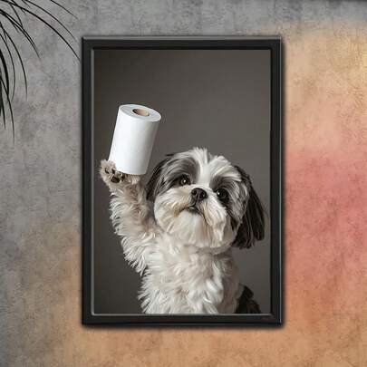 1 pieza, Impresión en lienzo de un Shih Tzu con papel higiénico, arte de pared sin marco, decoración para el hogar y la oficina, perfecto para dormitorios, salas de estar, cocinas, regalos de Navidad y San Valentín