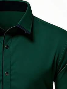 1pc Men's Casual/Business Shirt, Intricate Craftsmanship - Pearl Buttons, Comfortable 100% Polyester Fabric, Meticulously Tailored, Slim Fit - Recommended To Pair With Suit Pants - Dark Green - View 5
