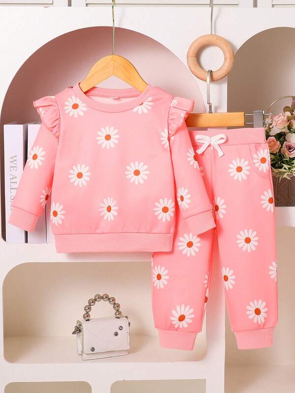 Baby Mädchen Lässiges Blumen Muster Set mit Rundhals Langarm Top und Hose, Frühling/Herbst