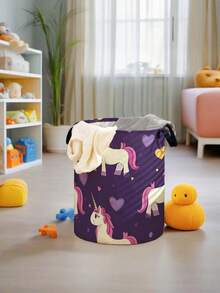 1pc Cartoon Pony Print Foldable Large Capacity Round Storage Basket With Handle, Multipurpose Storage Bin For Nursery, Baby Diaper, Clothes, Toys And Accessories Organization