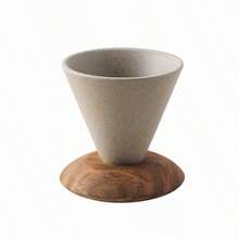1 ceașcă de cafea ceramică groasă, lucrată manual, cu cioc mare de turnare, formă de pâlnie și suport de pahare din lemn natural, pentru utilizare în cafenele de lux, acasă, birou, potrivită ca și cadou