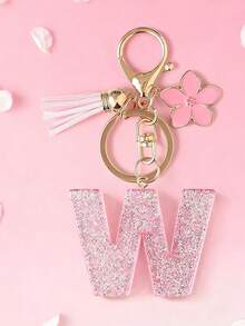 1pc DIY Pink 26 English Alphabet Keychain, Resin Glitter Flower Tassel Key Chain For Women Christmas Gift