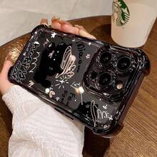 陽気な黒猫柄の四隅エアバッグ電気メッキ携帯電話ケース、17/16E/16/15/14/13/12 Pro 16 Plus/16Eに適した携帯電話保護カバー、男性と女性に適しており、シンプルな個性、落下防止保護、ギフトに最適です。 - シルバー - チェックする 3