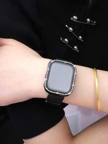 Compatible With Apple Watch Band And Case Combo. Stylish And Casual, Perfect For Both Men And Women. Featuring A Soft, Breathable, Adjustable, Loop-Shaped Stainless Steel Woven Magnetic Clasp Band With A Sparkling Diamond-Encrusted, Drop-Resistant, And Scratch-Resistant PC And Tempered Glass Protective Film, This Two-In-One Case Is Compatible With Apple Watch Series Ultra/11/10/9/8/7/6/5/4/3/SE, With 38/40/41/42/44/45/46/49mm Bands And Cases. - Black - View 9