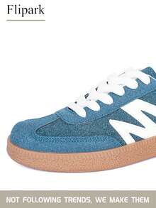Flipark 1 Pair Vintage Style Comfortable Women's Casual Shoes, Lace-Up Blue & White Suede Patchwork Low-Top Sneakers For Daily Wear