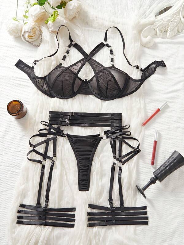 4 Peças Conjunto de Lingerie Feminina Sexy para Halloween, Tule Recortado com Anel Metálico, Sutiã com Armação, Adequado para Uso em Casa ou Festa