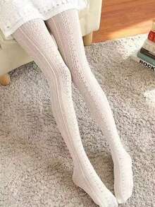 1 件春夏洛丽塔蕾丝镂空渔网连裤袜，女式碎花网眼紧身裤，薄款打底裤 - 白色 - 查看 4