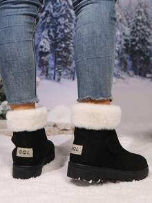 新款女式秋冬人造毛皮内衬系带加厚保暖雪地靴，米色经典款，舒适防滑，百搭 - 黑色 - 查看 4