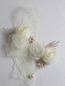 2pcs Elegant Rose Flower Boutonniere And Wrist Corsage Set, Suitable For Groom, Bride, Wedding Decoration, Party, Banquet