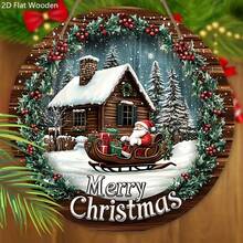 2D plat, 1 panneau en bois de Noël - Scène d'hiver 2D, Père Noël sur un traîneau, maison enneigée et pins, décorations de fête rouges et vertes, convient pour accrocher à la porte ou au mur, ornements de Noël, le meilleur pour Noël