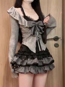 Girls' Autumn Pure Desire Hot Girl Suit Black Lace Suspender Gray Knit Cardigan Short Skirt - Váy tutu liền thân màu đen và xám - Xem 6