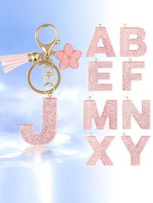 1pc DIY Pink 26 English Alphabet Keychain, Resin Glitter Flower Tassel Key Chain For Women Christmas Gift
