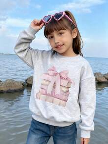 青少年女孩返校可爱书本和蝴蝶结印花圆领套头衫 - 柔软、可机洗、百搭 - 秋冬休闲日常服装（新款秋季时尚、万圣节）