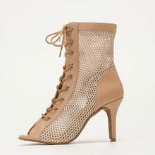 1 Pair Solid Color Elegant Fabric Lace-Up Latin Dance Shoes, Suitable For Cha Cha, Salsa, All Seasons - Brown - View 4