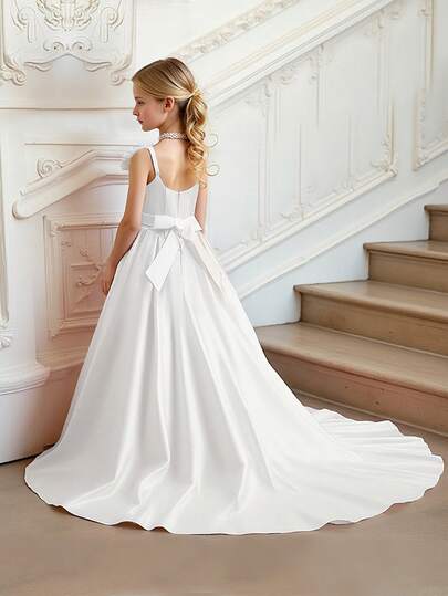 Tween Girls Solid Color Satin Dress With 3D Floral Decor, Elegant Trailing Formal Gown Suitable For Weddings, Graduations, Proms, Without Headband