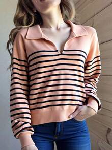 Suéter casual de mujer con rayas, cuello solapa contrastante, ribete acanalado, corte holgado, manga larga, V escote, ideal para primavera y otoño, perfecto para oficina y uso diario. - Marrón con negro - Ver 1