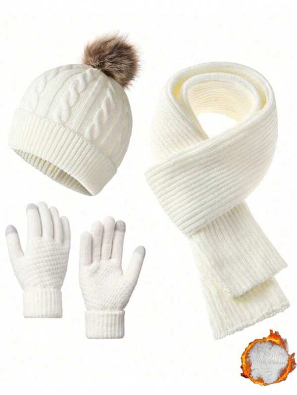 Conjunto de 3 piezas de sombrero, bufanda y guantes de lana con bolas de lana para mujer, nuevo invierno 2025, para exteriores y bicicleta, mismo unicolor para hombres y mujeres
