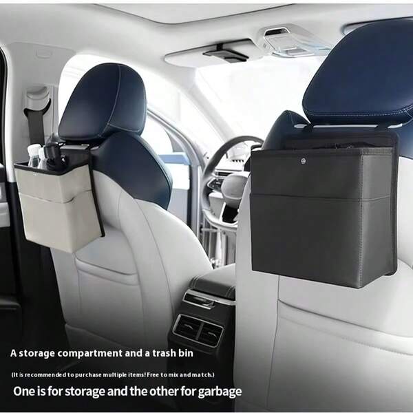 Cubo de basura para coche, bolsa de basura de cuero sintético colgante con múltiples bolsillos, organizador de coche impermeable para el asiento trasero, accesorios interiores para coche