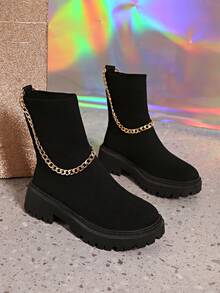 New Plus Size Women Boots, Elastic Band, Chain Decor, Knit, High-Top, Breathable, Lightweight, Casual, Versatile, Suitable For Spring, Autumn And Winter - Black - View 6