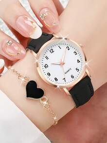 6 件套女士时尚休闲数字表盘石英腕表 + 心形手链（不含表盒） - 彩色 - 查看 2