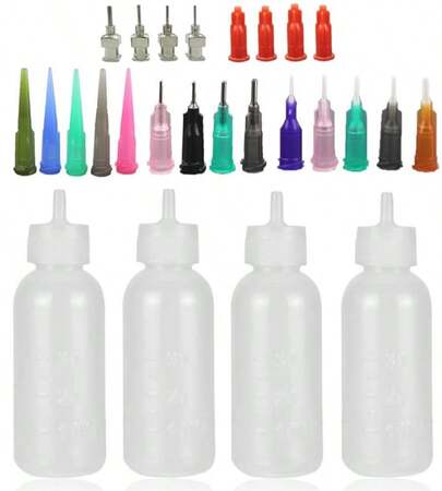 Xmasir Jagua Henna Applicator Bottles Kit For Tattoo Body Paint,Multi Purpose Precision Applicator Set 4 Pcs 1 Oz Henna Bottle With 4 Pcs Caps 16 Pcs Needle Tips Sizes