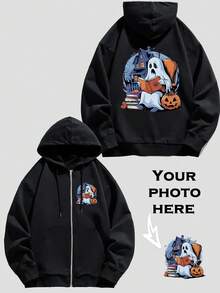 Customized Men's Hooded Zip-Up Sweatshirt Jacket, Front & Back Graphic Printing, Customizable Logo/Christmas/Halloween/Thanksgiving/Dance Crew/Work Uniform/School Uniform/Advertising, Lucky Number-Family Pet Friend-Any Design, Autumn Thermal Lined Hoodie Jacket