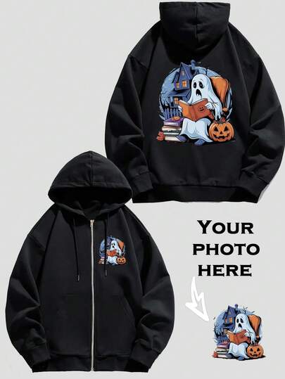Customized Men's Hooded Zip-Up Sweatshirt, Front & Back Graphic Printing, Customizable Logo/Christmas/Halloween/Thanksgiving/Dance Crew/Work Uniform/School Uniform/Advertising, Lucky Number-Family Pet Friend-Any Design, Autumn Thermal Lined Hoodie, Long Sleeve Top