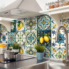30pcs Lemon & Floral Ceramic Tile Stickers, Waterproof PVC Self-Adhesive Wall Decals, Vibrant Blue, Yellow, Green And White Patterns, For Bathroom, Kitchen, Toilet - Easy To Remove, No Power Needed, Bathroom Wall Stickers, Kitchen Decor, Vivid Design, Oil-Proof Material