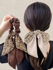 3 pezzi Elastici per capelli in raso di seta con motivo floreale, colori nero, cachi e marrone, accessori per capelli eleganti, versatili e minimalisti, adatti per uscite quotidiane, code di cavallo, abbinamento trucco, fermagli per capelli, scrunchie