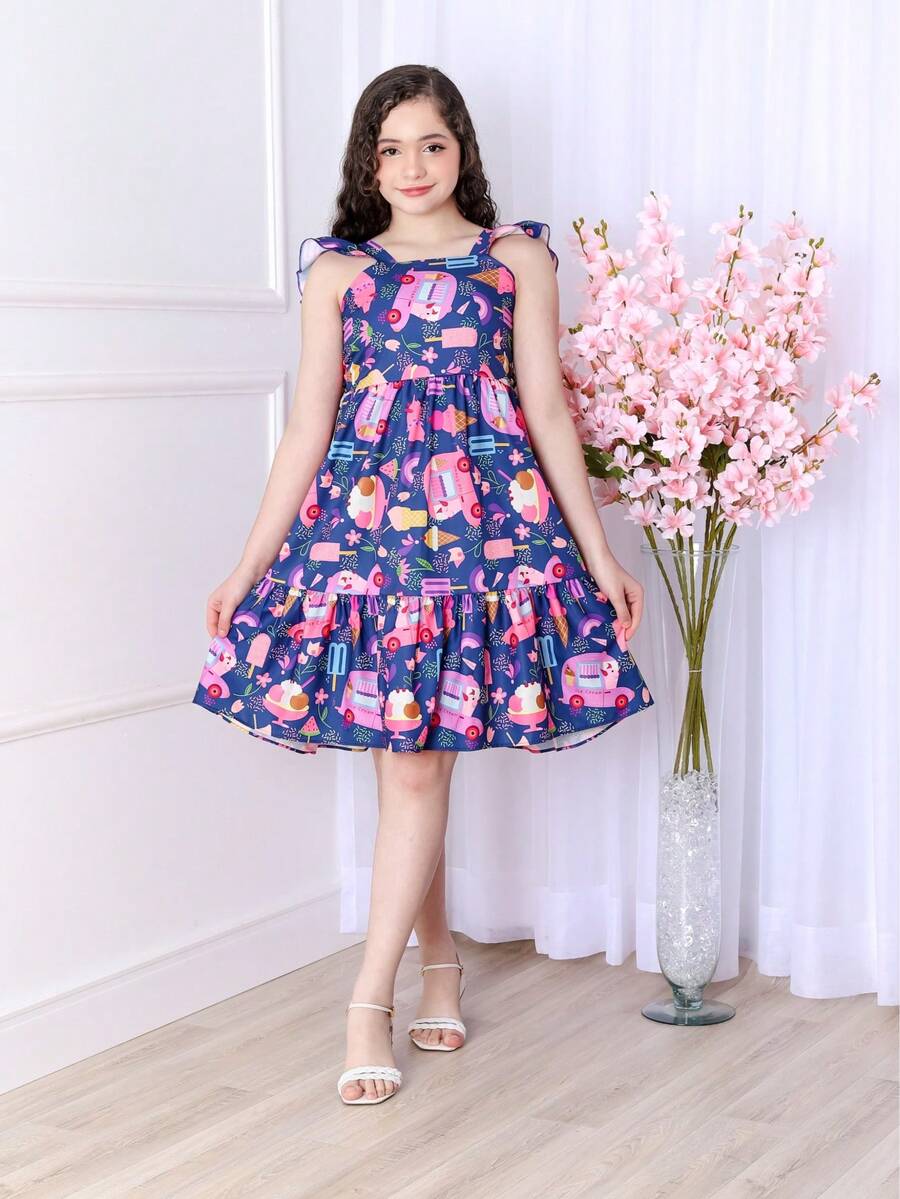 Short Printed Children's Tank Top Dress - 藏蓝色 - 查看 1