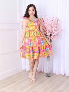 Short Printed Children's Tank Top Dress - 玫瑰紅 - 查看 1