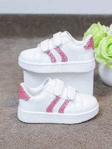 1 Pair Kids Versatile Hook And Loop Breathable White Sneakers With Embroidered Bow, Chinese Knot Decor, Fashion Casual Flat Shoes For Girls And Boys - 粉色 - 查看 3