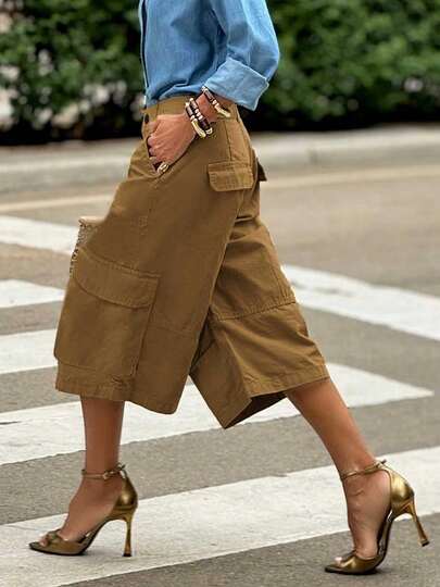 Nuevos pantalones cortos de carga casuales de unicolor con bolsillo para mujer