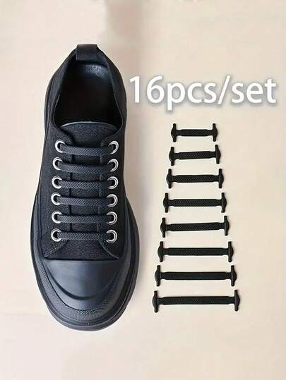 QKC 16 piezas de cordones elásticos negros sin atar, cordones elásticos adecuados para zapatillas, zapatos casuales