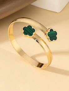 1pc Niche Design Metallic Smooth 5-Petal Flower Open Bangle Bracelet, Unique 5-Leaf Clover Bracelet For Girls - Green - View 2