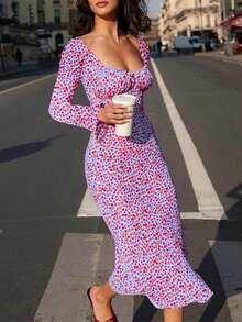 New Sexy Elegant Ditsy Floral Long Sleeve Swing Dress, Bohemian Style Vacation Dress For Women, Early Autumn