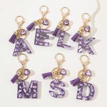 1pc Women's Fashion Purple Shiny Heart-Shaped Rhinestone 26 English Letter Keychain, Resin Drip Glue Rhinestone Initial Key Chain, Suitable As Gift For Friends, Students, Women, Cute Bag Charm, Car Key Accessory, Valentine's Day, Mother's Day Gift Christmas Bag Charms Car Accessories Teacher Sister Gift Ideas