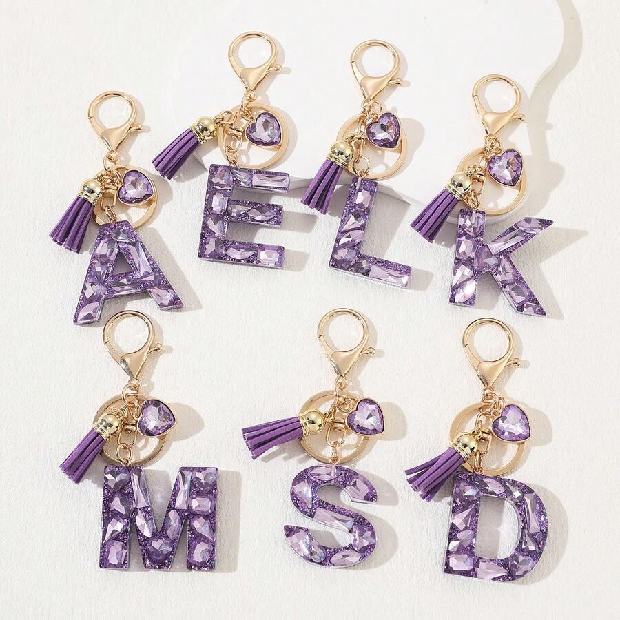 1pc Women's Fashion Purple Shiny Heart-Shaped Rhinestone 26 English Letter Keychain, Resin Drip Glue Rhinestone Initial Key Chain, Suitable As Gift For Friends, Students, Women, Cute Bag Charm, Car Key Accessory, Valentine's Day, Mother's Day Gift Christmas Bag Charms Car Accessories Teacher Sister Gift Ideas