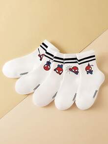 Marvel 5 Pairs Kids Socks, Superhero Spider-Man Socks, Boys' Mid-Calf Socks, Double Bars Korean Style Black & White Cartoon Socks, Autumn/Winter, Girls' Spider-Man & Superhero Character Socks - Multicolor - View 7