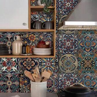 10片装自粘可移除厨房贴纸，复古2D花卉图案墙贴，壁纸，瓷砖贴纸，墙面装饰贴纸，适用于厨房、客厅、浴室、卧室等家居装饰，墙纸墙贴，房间装饰，卧室装饰